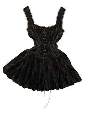 Black Lace-Up Pleated Mini Dress with Square Neck - Women